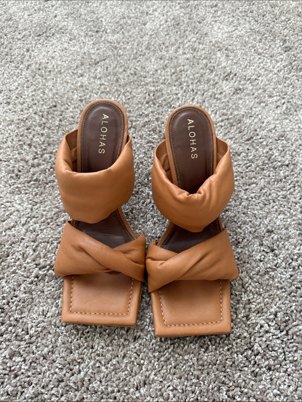 ALOHAS Cognac Braided Padded Square-Toe Slide Heels